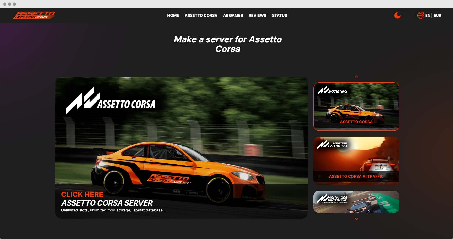 screenshot of AssettoHosting website